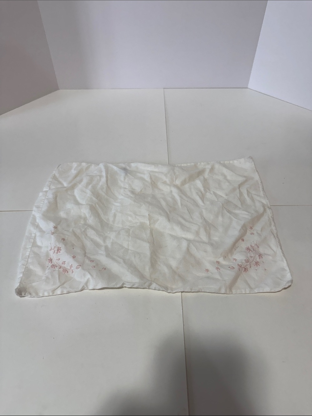 White Mini Bedding Pillowcase with Pink Floral Accent. Made by Hand In Portugal.